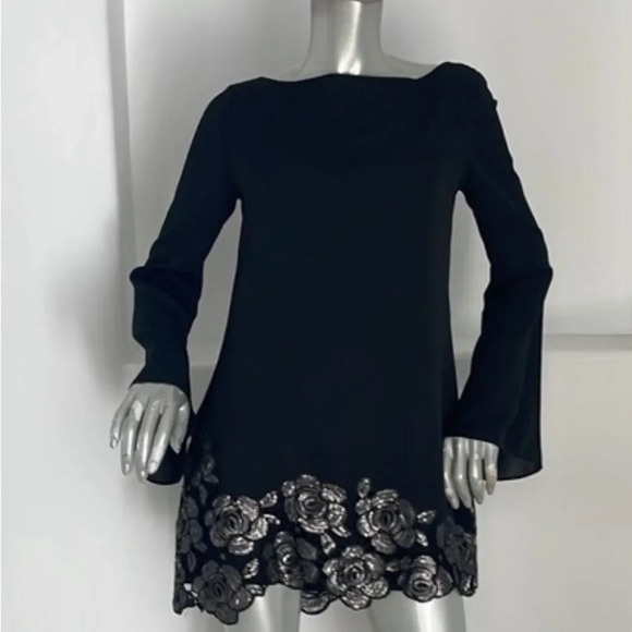 Marciano Black Crepe Shift Dress Floral Sequin Accent Hem Midi. Lined. Sz Small - Picture 1 of 7